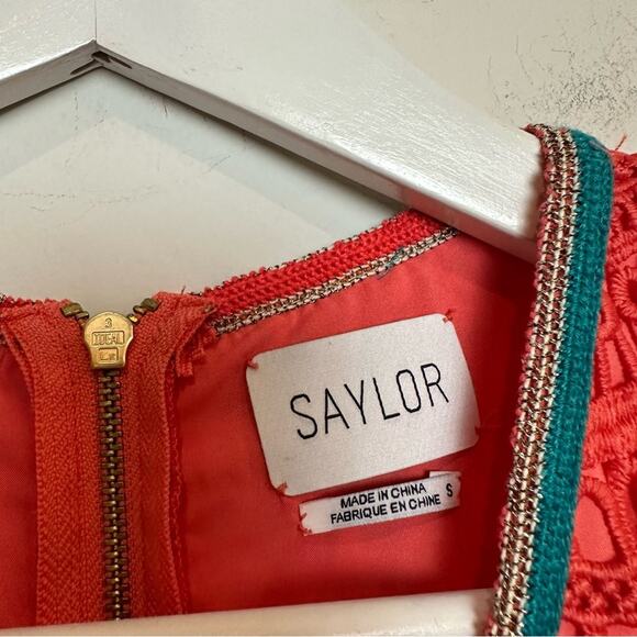 SAYLOR Coral Merrill Romper Scallop Embroidery Pink Orange Crochet Pom Pom Small - Picture 5 of 9